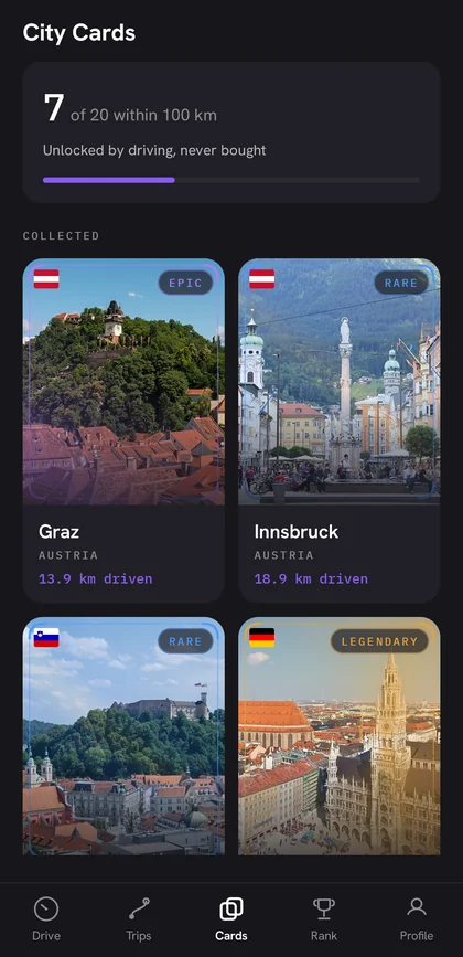City Cards collection grid.