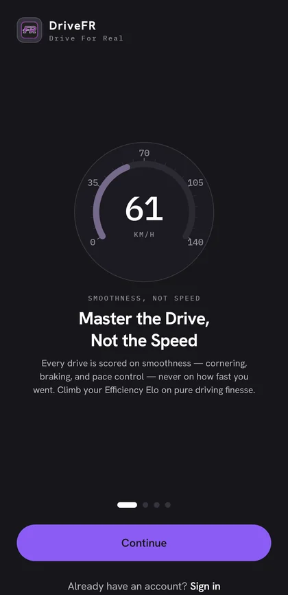 DriveFR welcome screen: Master the drive, not the speed.